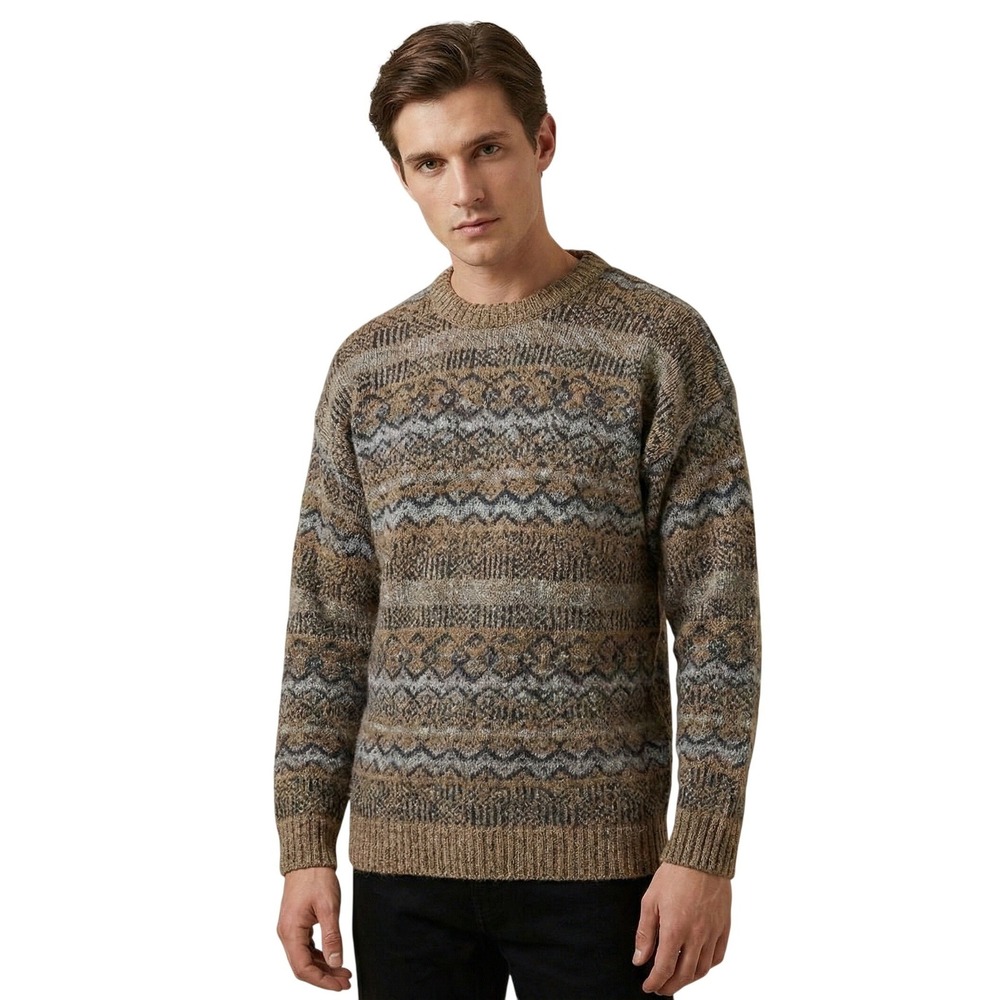 Antartex Country Sweater Mens XL Brown Wool Fair‎ Isle Crewneck Made in Britain